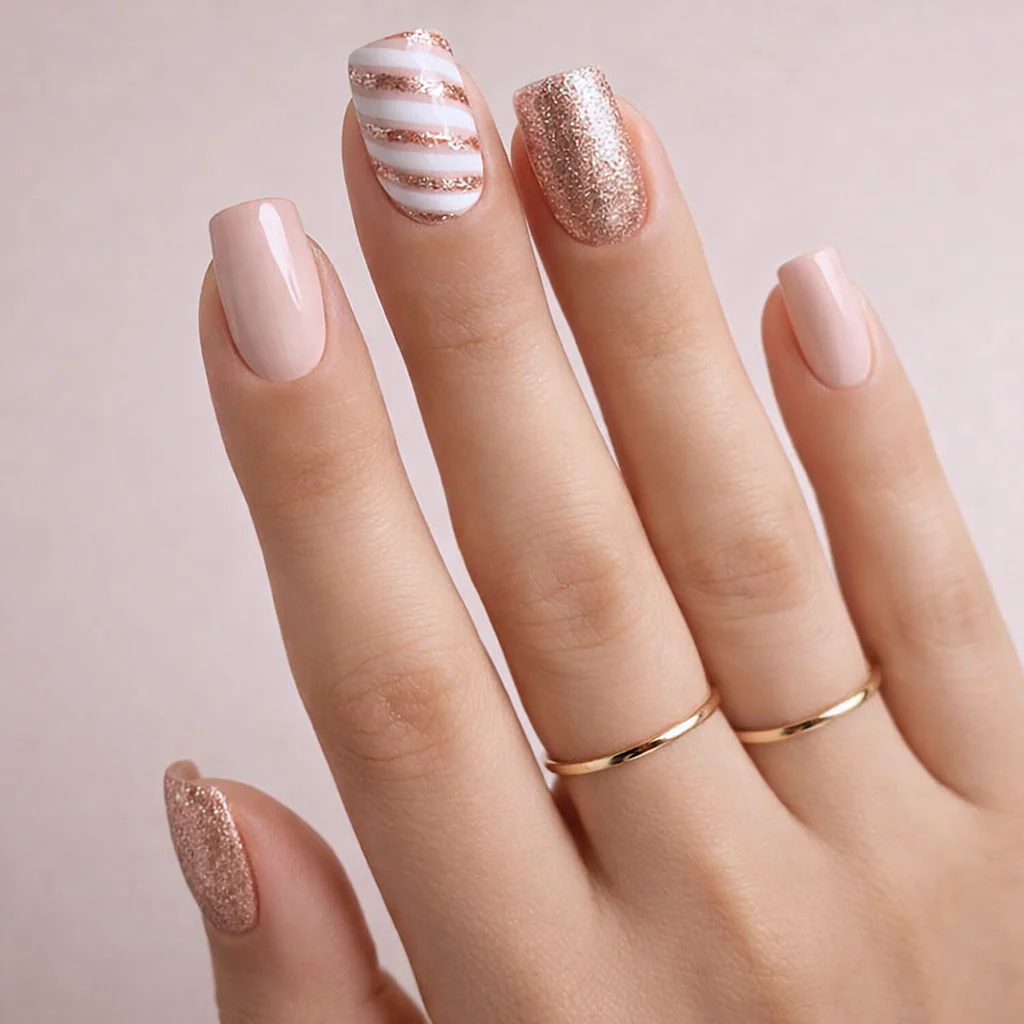 Faux Ongles à Paillettes de Noel Carrés Courts